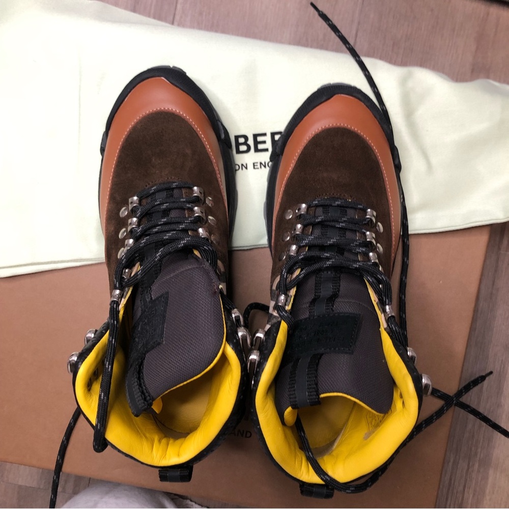 Burberry Brown Leather, Vintage Check Cotton And Suede Tor Boots - Picture 10 of 10